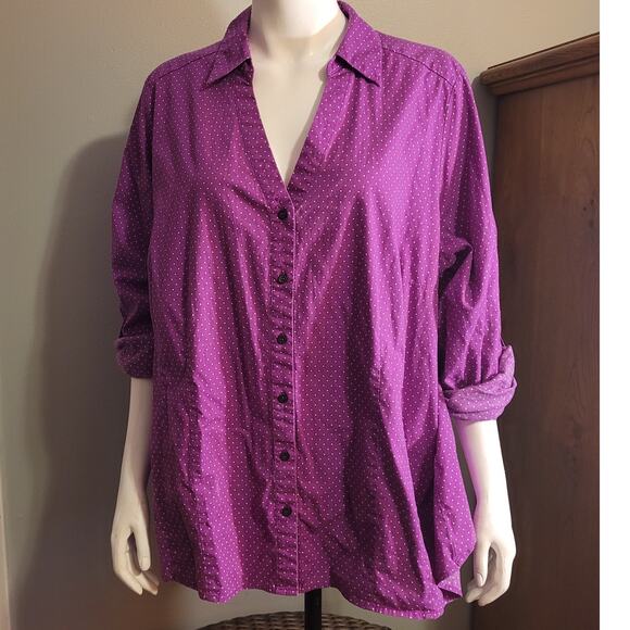 Lane Bryant Womens Plus 26 Purple Polka Dot Button Down Shirt Roll Tab Blouse - Picture 1 of 11